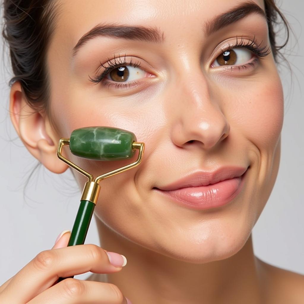 Woman Using Jade Roller