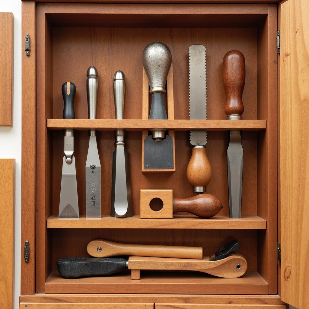 Traditional Japanese woodworking tools neatly arranged in a wooden storage box