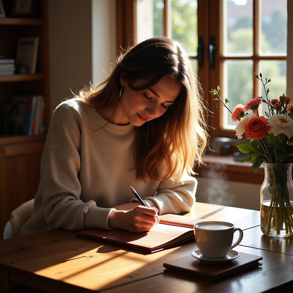 Journaling for Self Discovery: A woman writing in a journal in a peaceful setting.