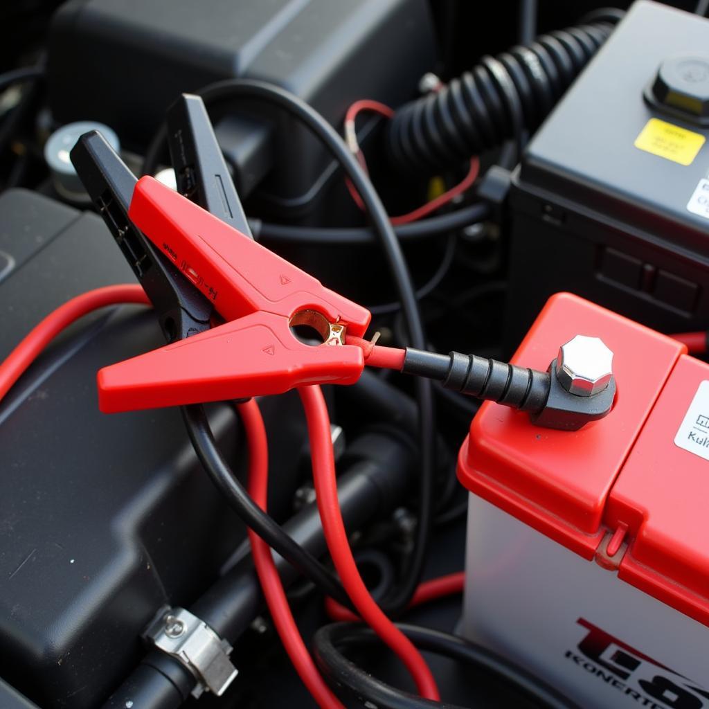 Jumper cables connecting two car batteries for a jump start