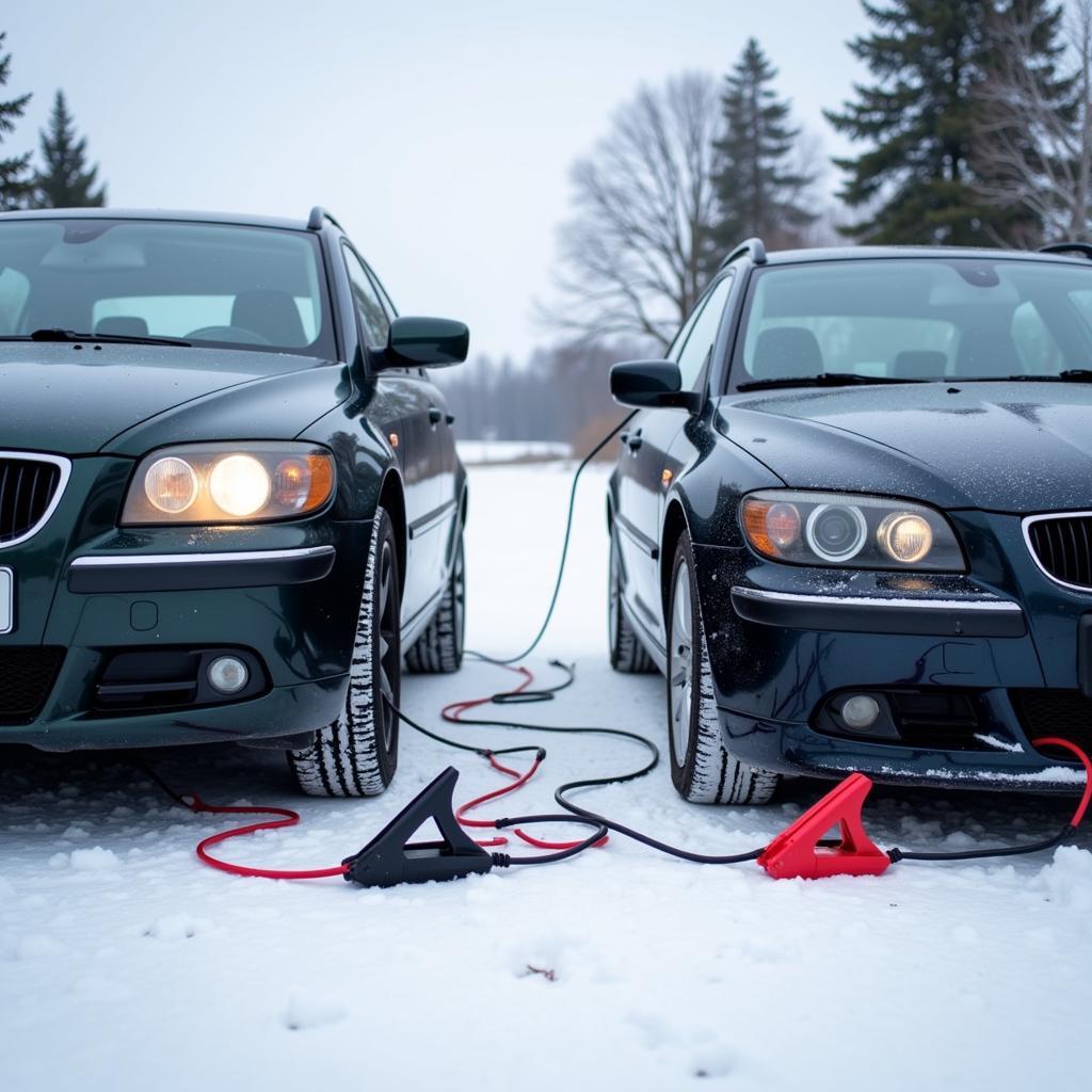 Jumper cables connecting two cars in a snowy landscape