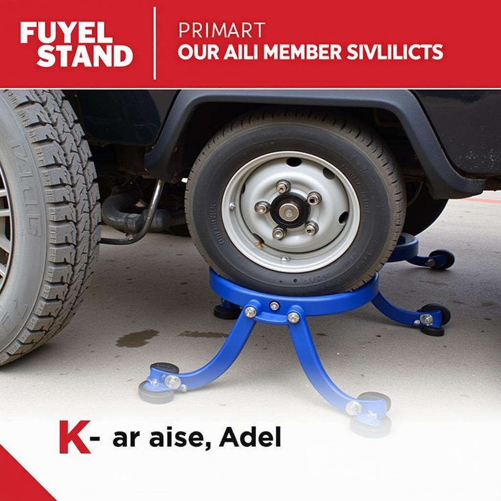 A close-up view of a k-frame stand properly positioned and supporting a car's K-member.