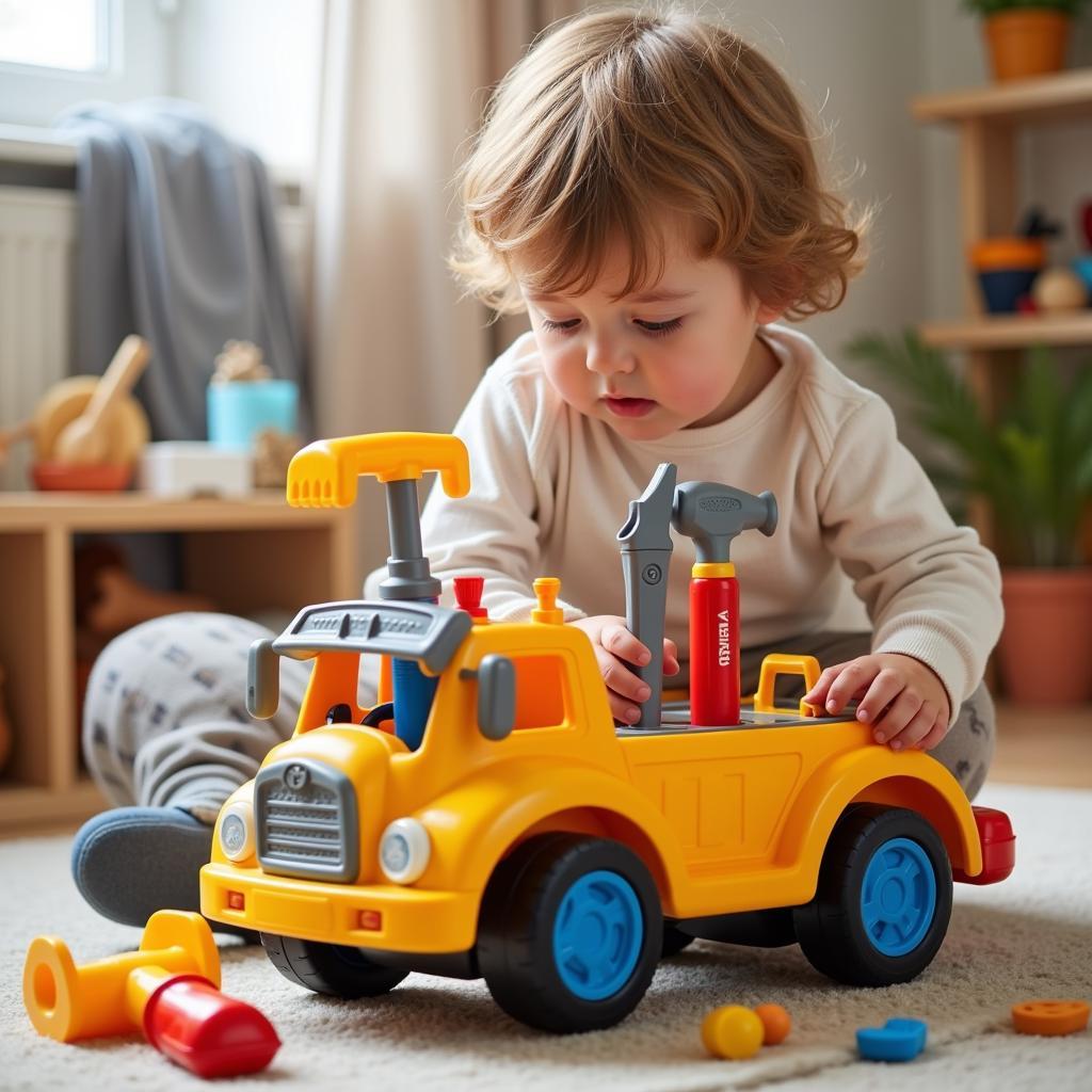 Kid using toy tools on a truck for pretend play and skill development