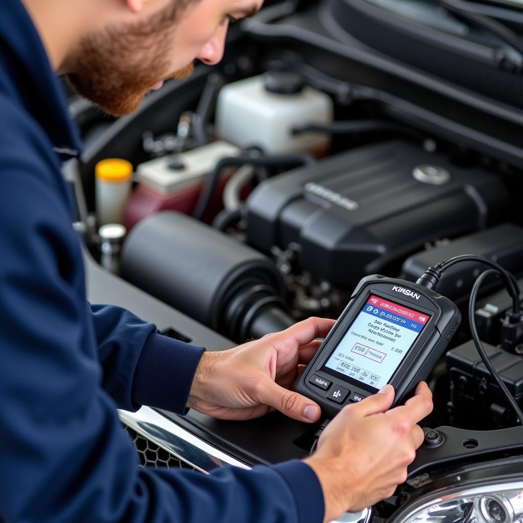 Mechanic using a Kirsan diagnostic tool on a car engine.