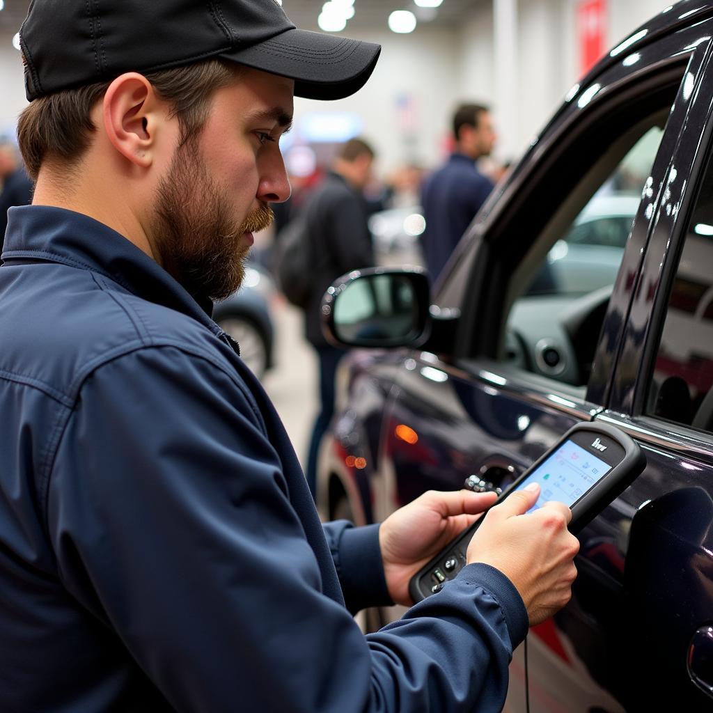 Attendee Trying Out Diagnostic Tool at KMS Tools Car Show