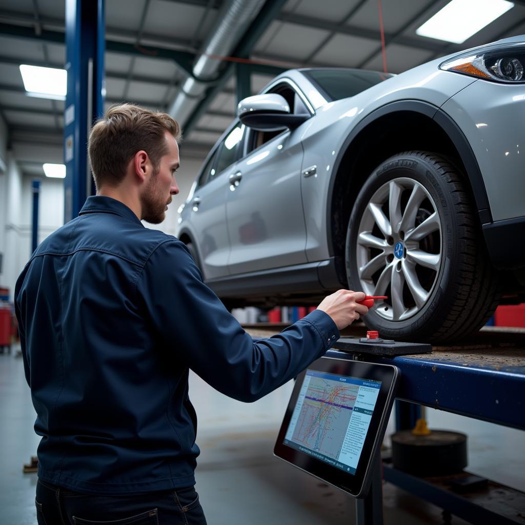 Technician Using a Laser Alignment System to Align Car Tires