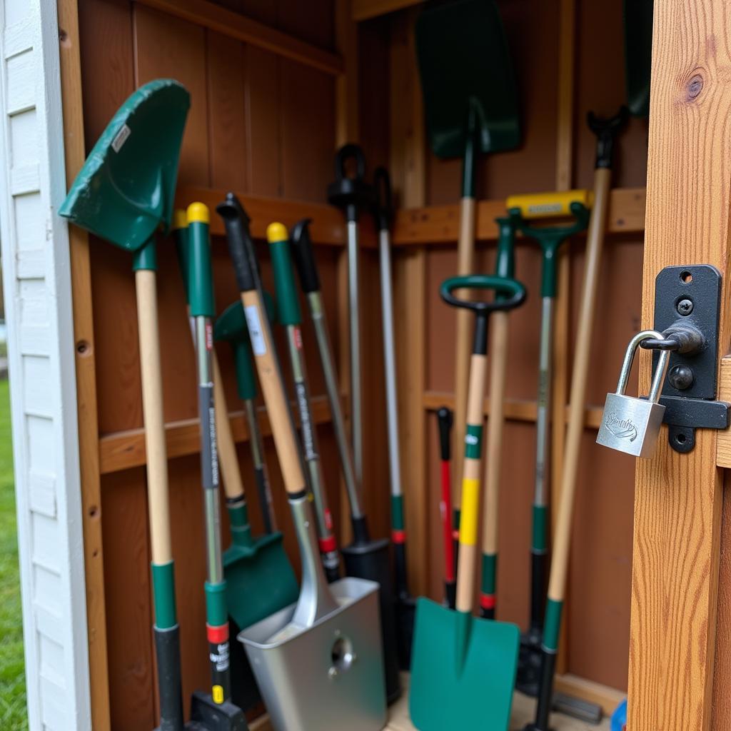 Lawn care tools safely locked inside a garden shed, demonstrating proper storage and security.