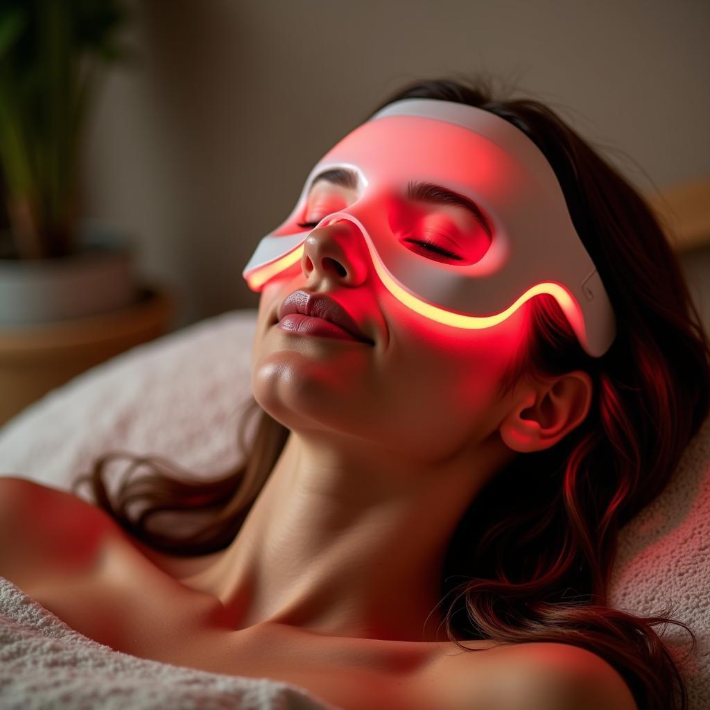 Woman using an LED light therapy mask for skin rejuvenation