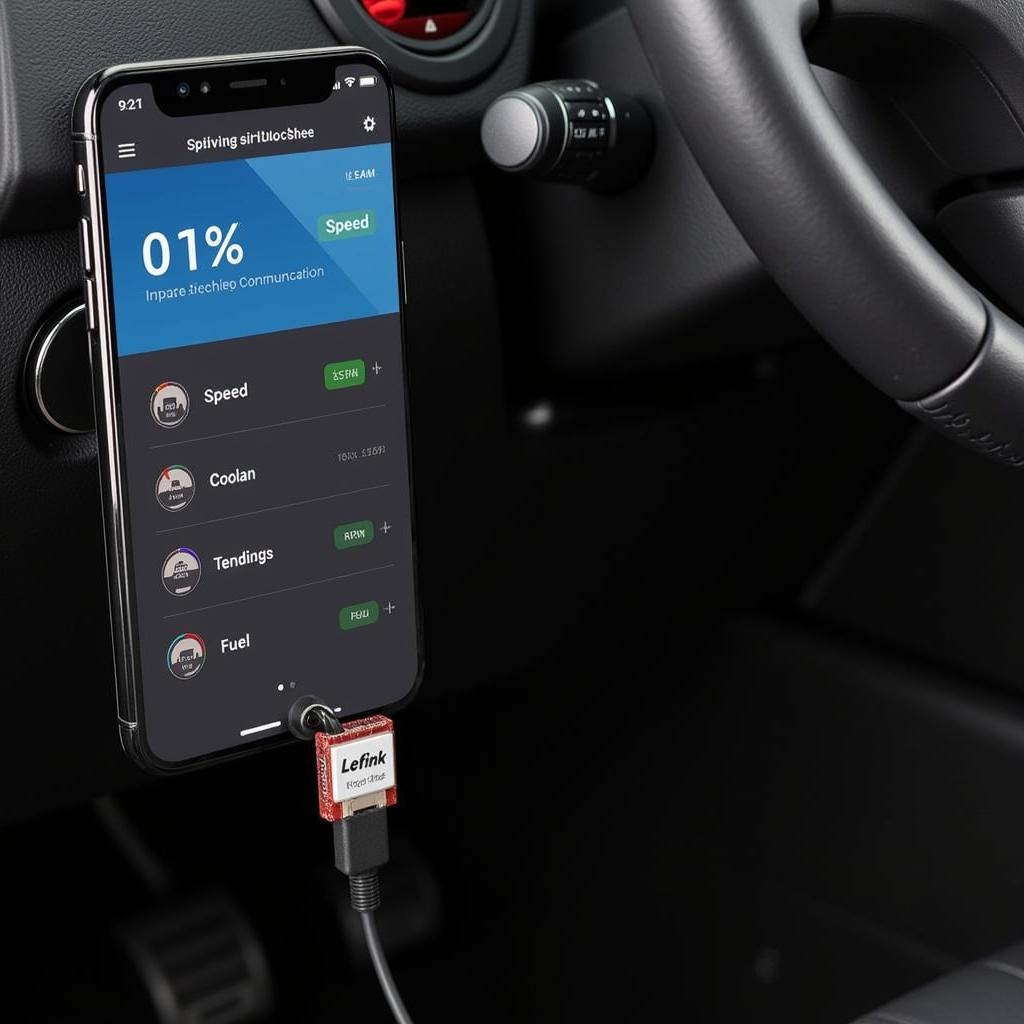 Lelink BLE OBD-II diagnostic tool connected to a smartphone displaying real-time vehicle data.