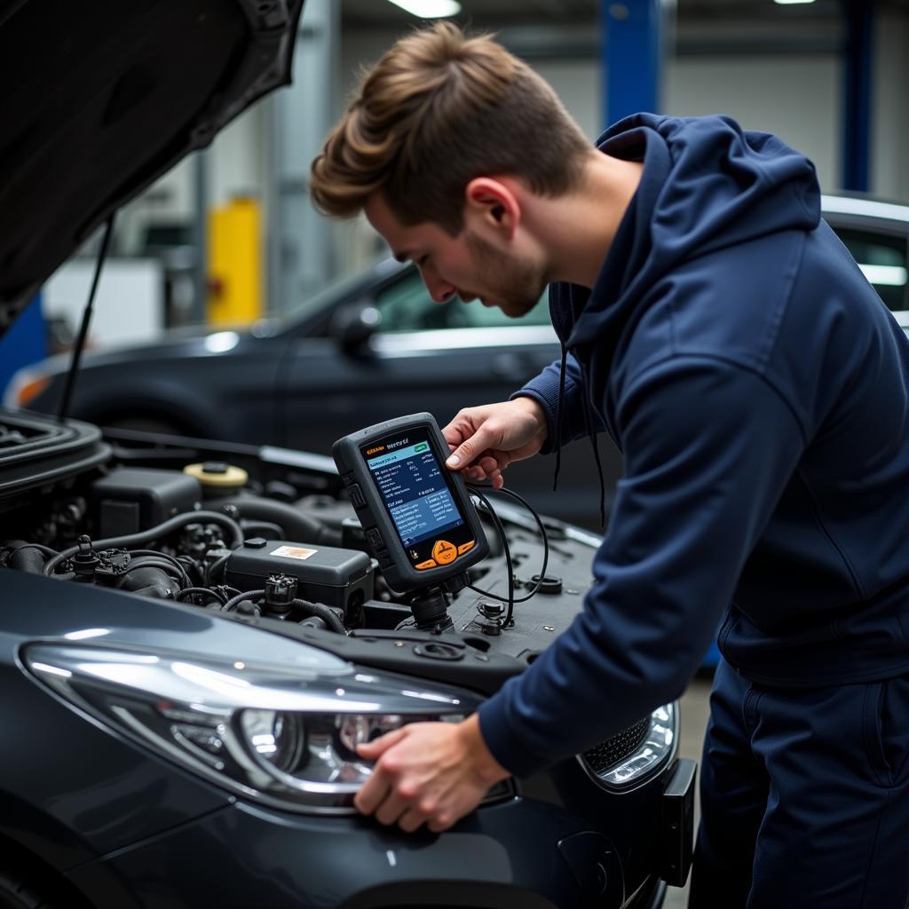 Mechanic using a lifeguard car diagnostic tool to troubleshoot a car's electronic systems