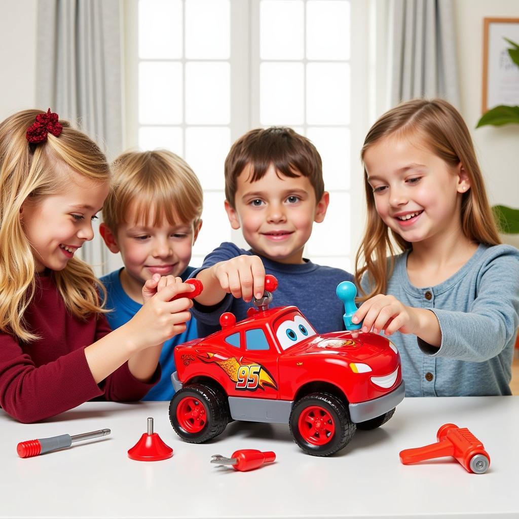 Children Playing with a Lightning McQueen Tool Set