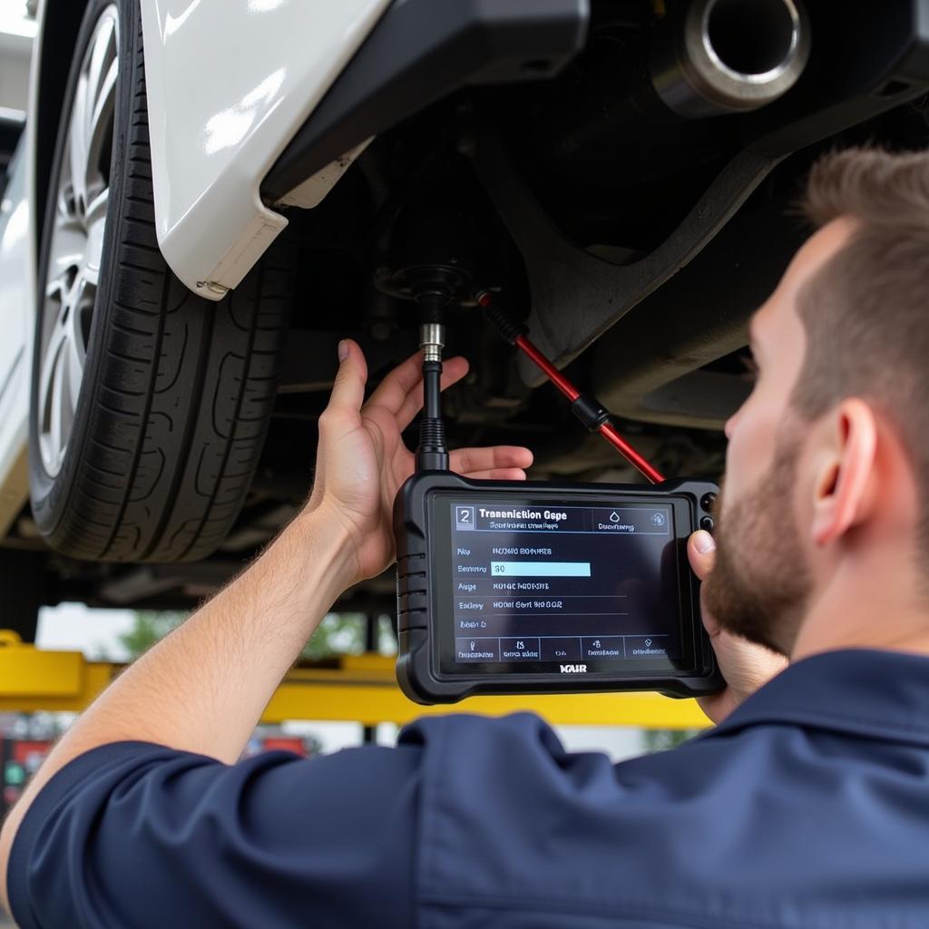 Linkage care tool proceeding being performed on a car's transmission linkage.