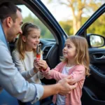 Little girl handing her dad a slim jim to unlock the car