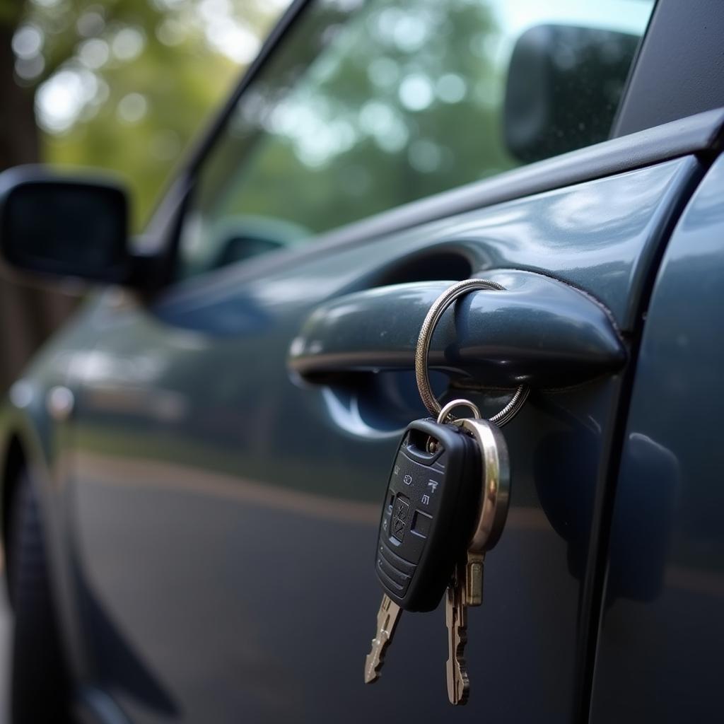 Locked car door with keys visible inside