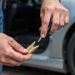 Locksmith using manual car opening tools