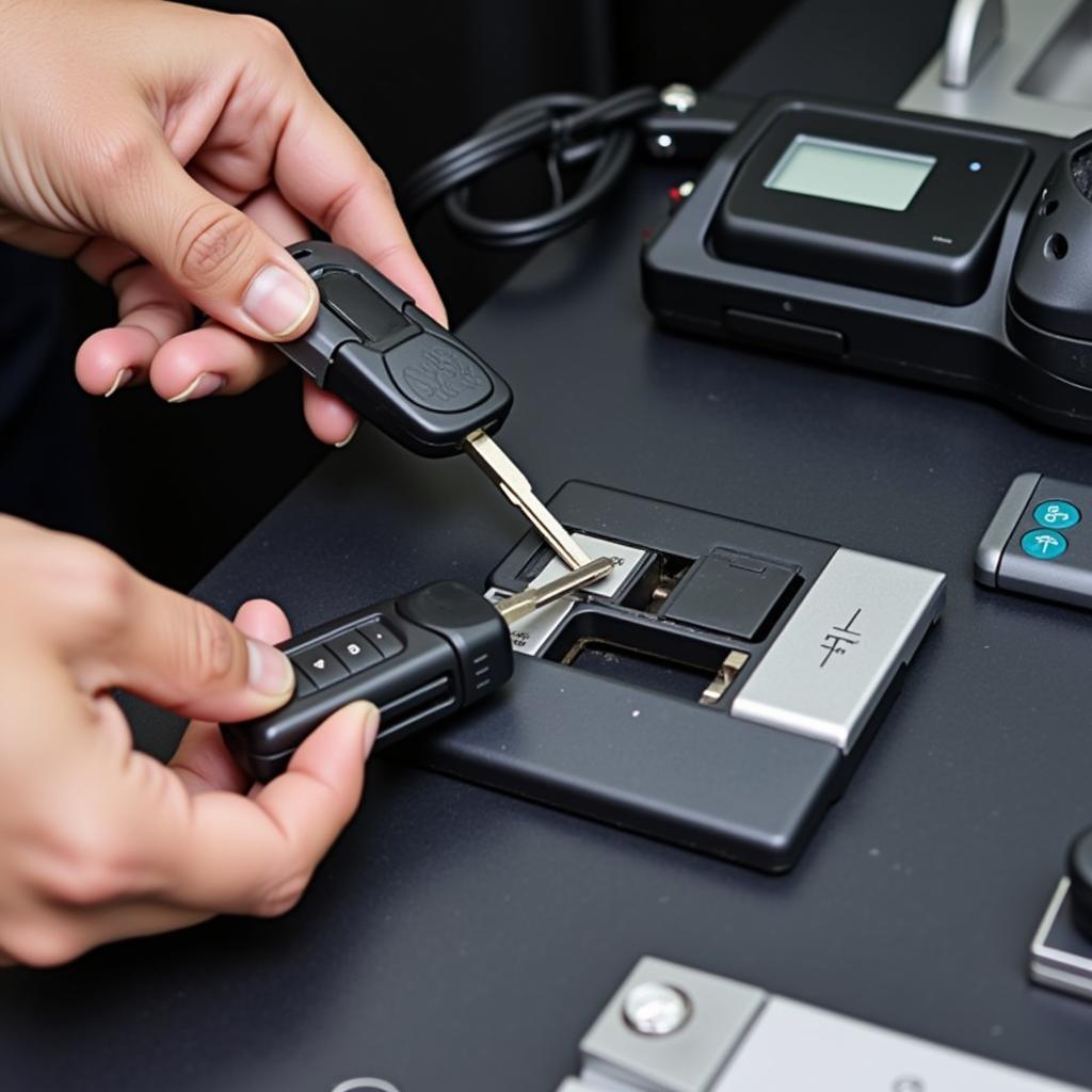 Locksmith Creating New Car Key From Scratch Using Specialized Equipment