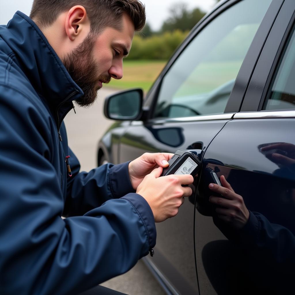 A locksmith using specialized tools to open a locked car door