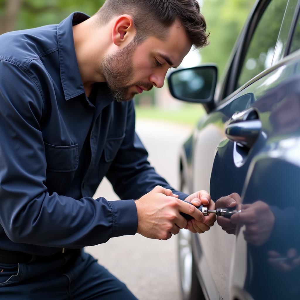 Locksmith unlocking a car door