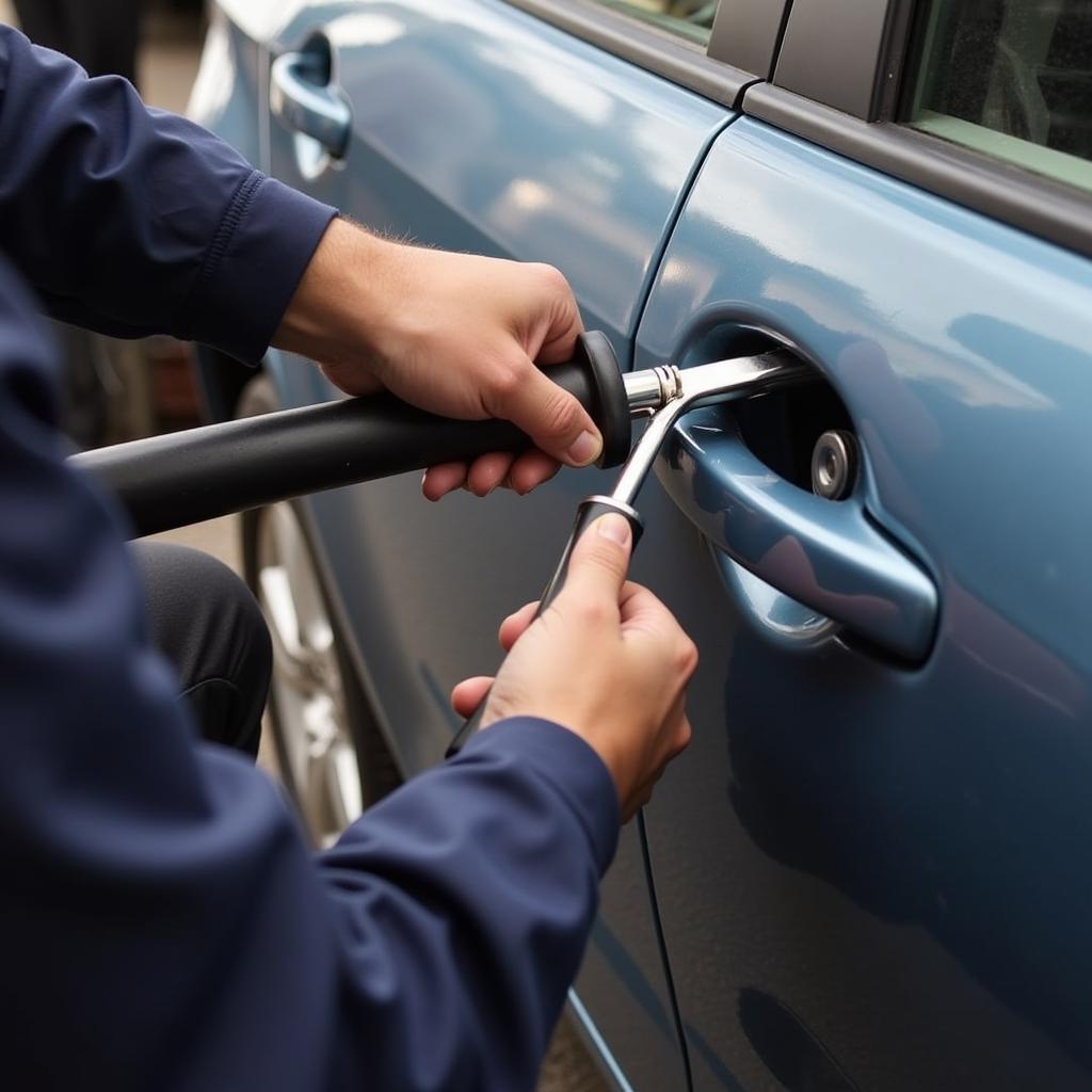 A locksmith using a specialized tool to open a car door