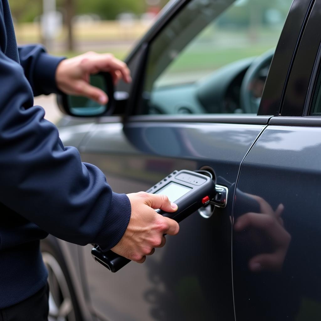 Locksmith Using Electronic Unlocking Device on Car Door