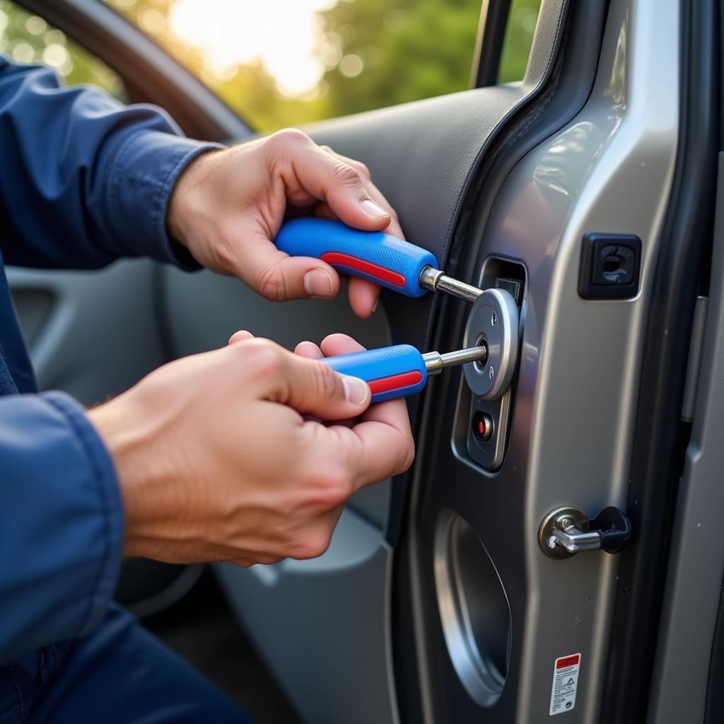 Locksmith Using Professional Tools to Unlock Car Door