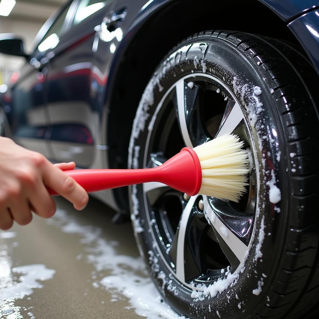 Long Handled Wheel Cleaning Brush in Action