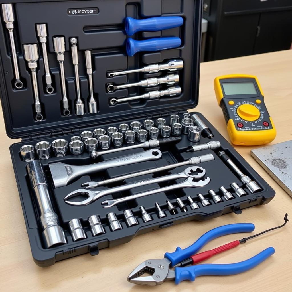 Essential tools for long-term car care: socket set, wrenches, screwdrivers, pliers, multimeter.