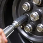 Lug wrench loosening lug nuts on car wheel