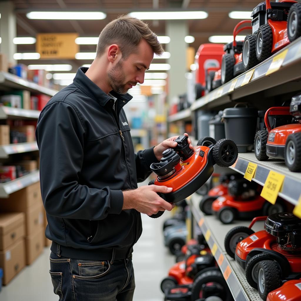 Man Choosing a Lawnmower in a Store