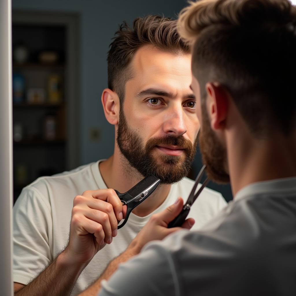 Man Trimming his Beard with Scissors