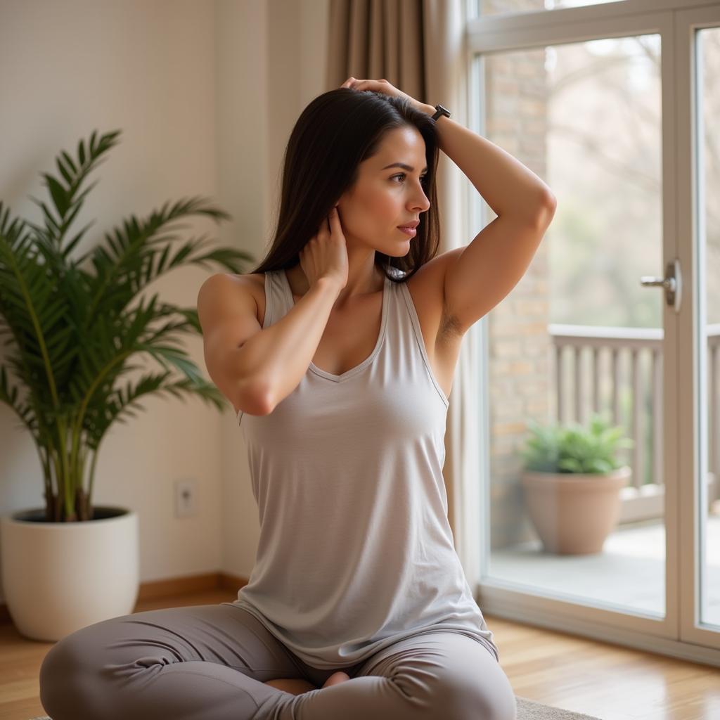 Massage therapist stretching before work