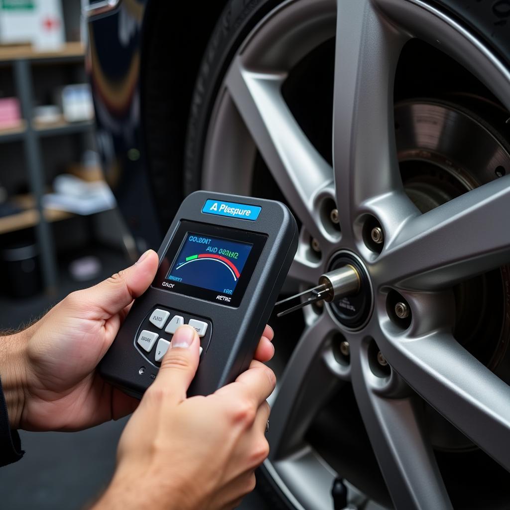 Mechanic Calibrating Wheel Alignment Tool