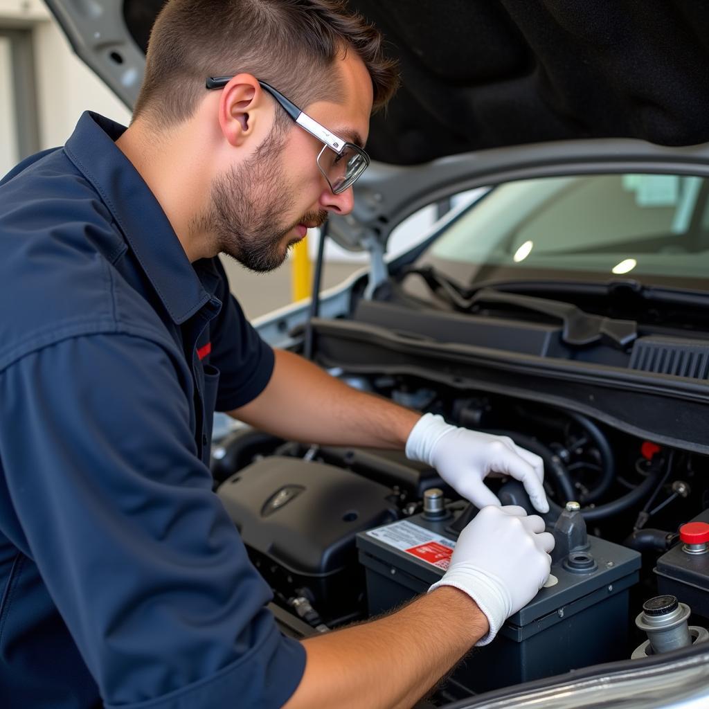 Mechanic Changing a Car Battery with Correct Tools