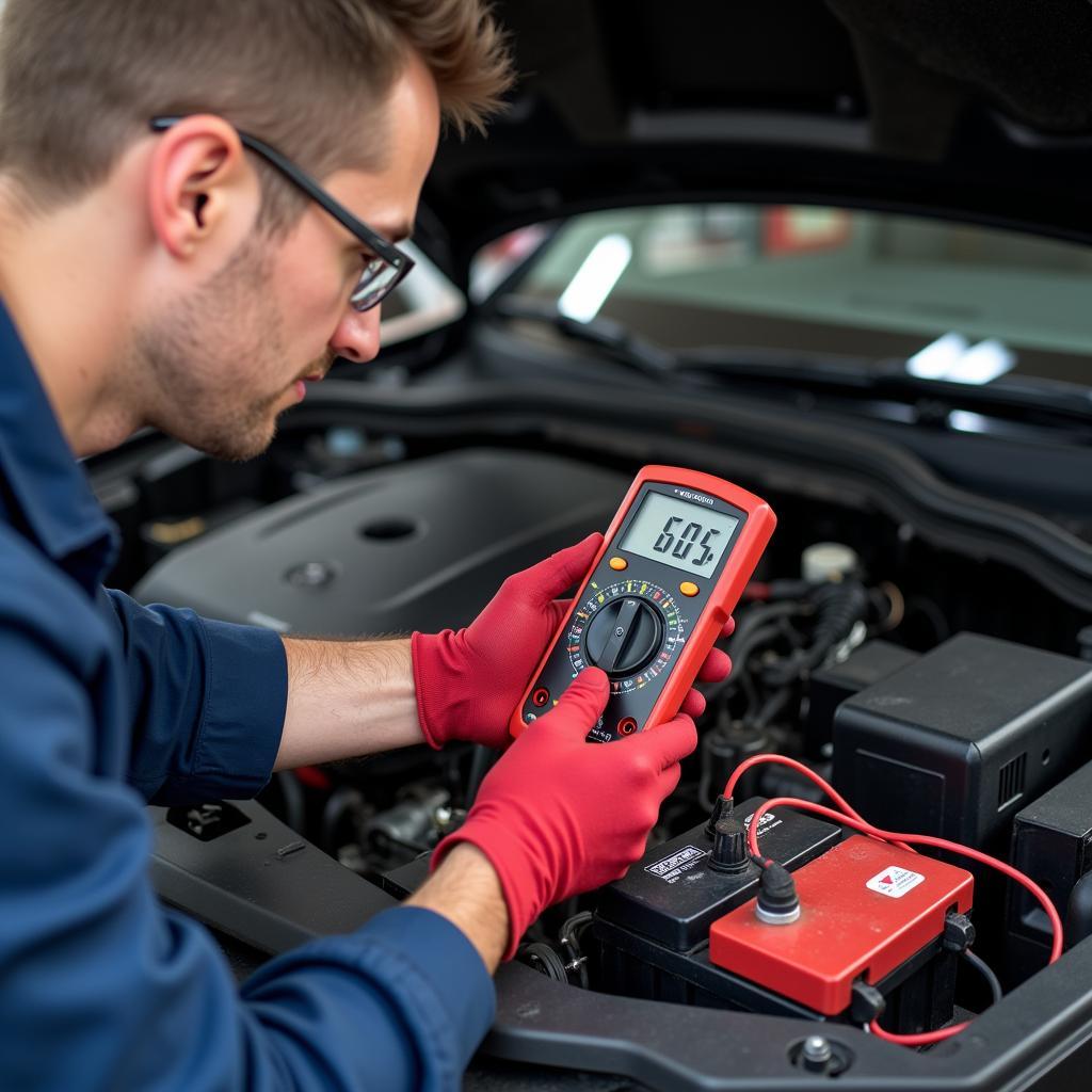 Mechanic Checking Car Battery Voltage