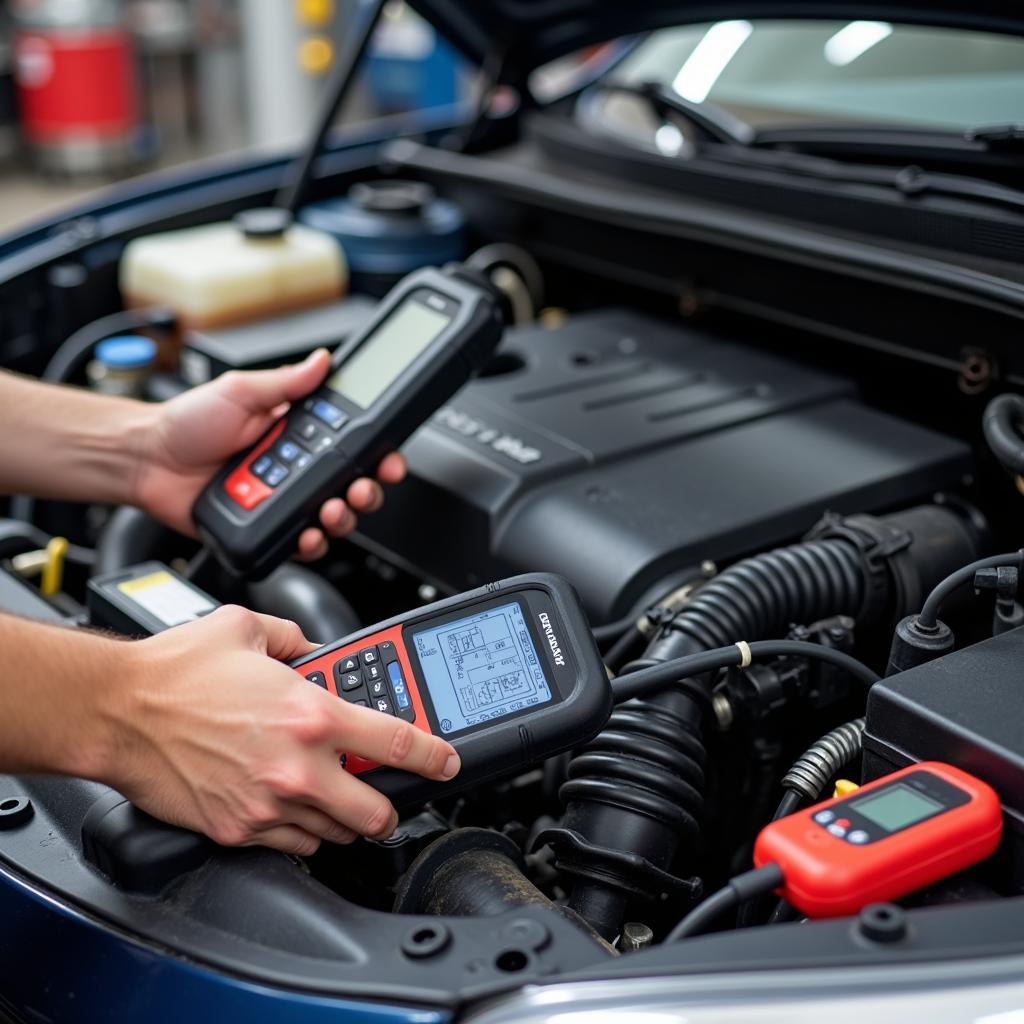 Mechanic Checking Car Engine with Diagnostic Tools