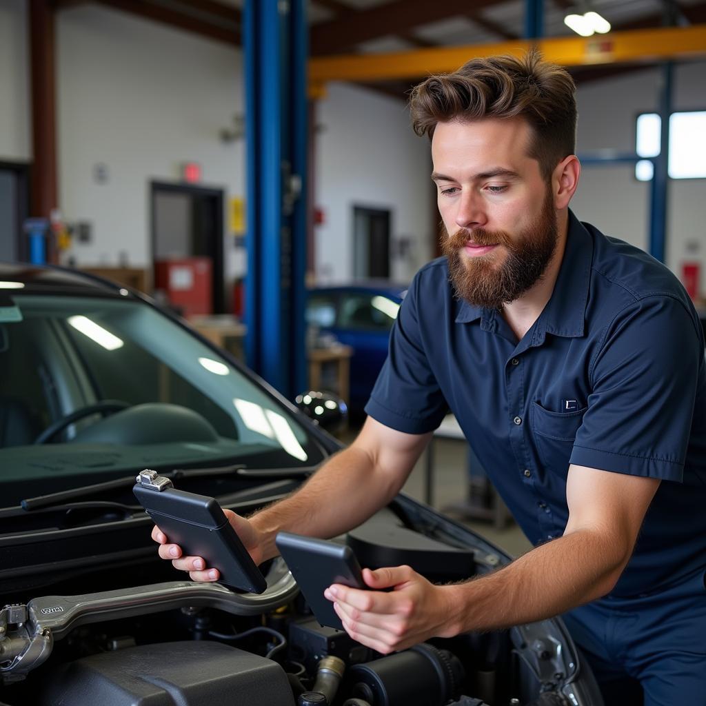 Mechanic Comparing Different Car Scan Tools