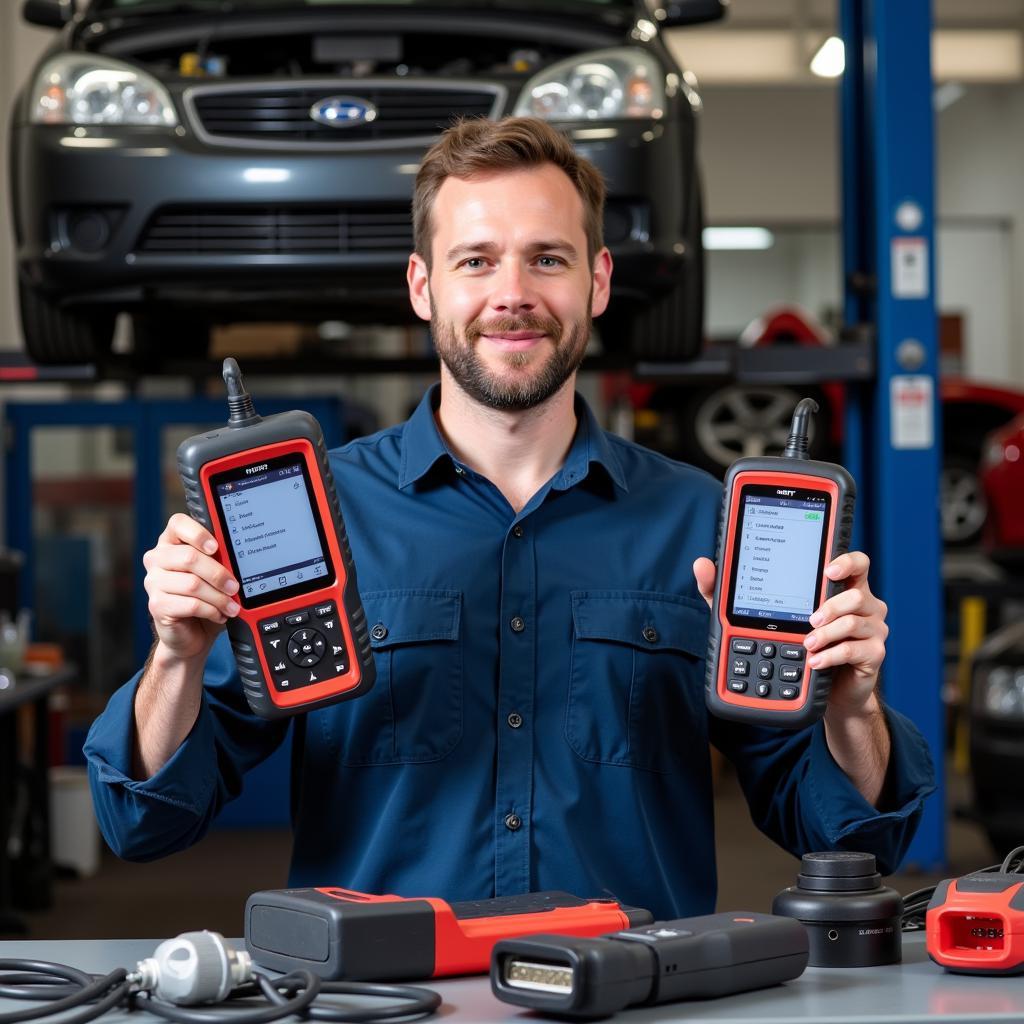 Mechanic Choosing Diagnostic Tool