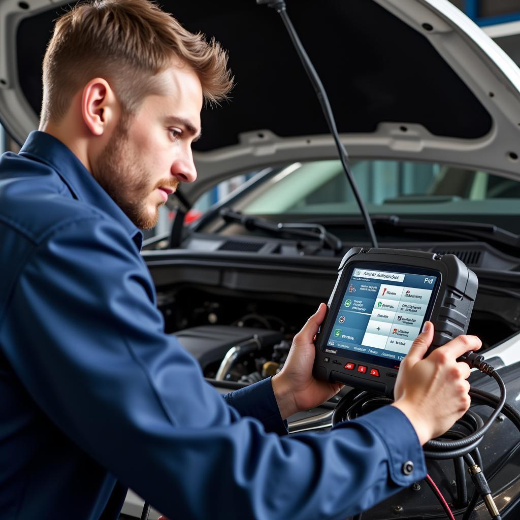 Mechanic Diagnosing Car with Computer