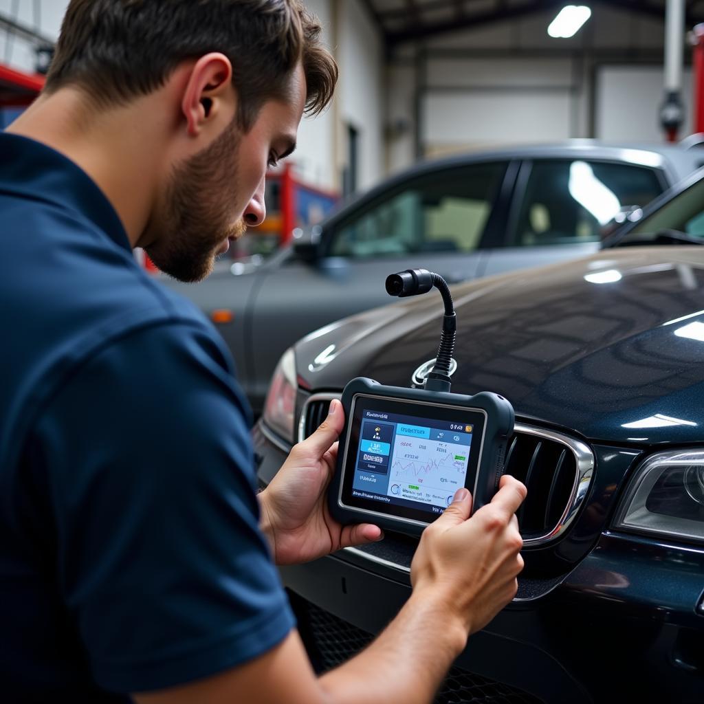 Mechanic Diagnosing a Car with a Diagnostic Tool