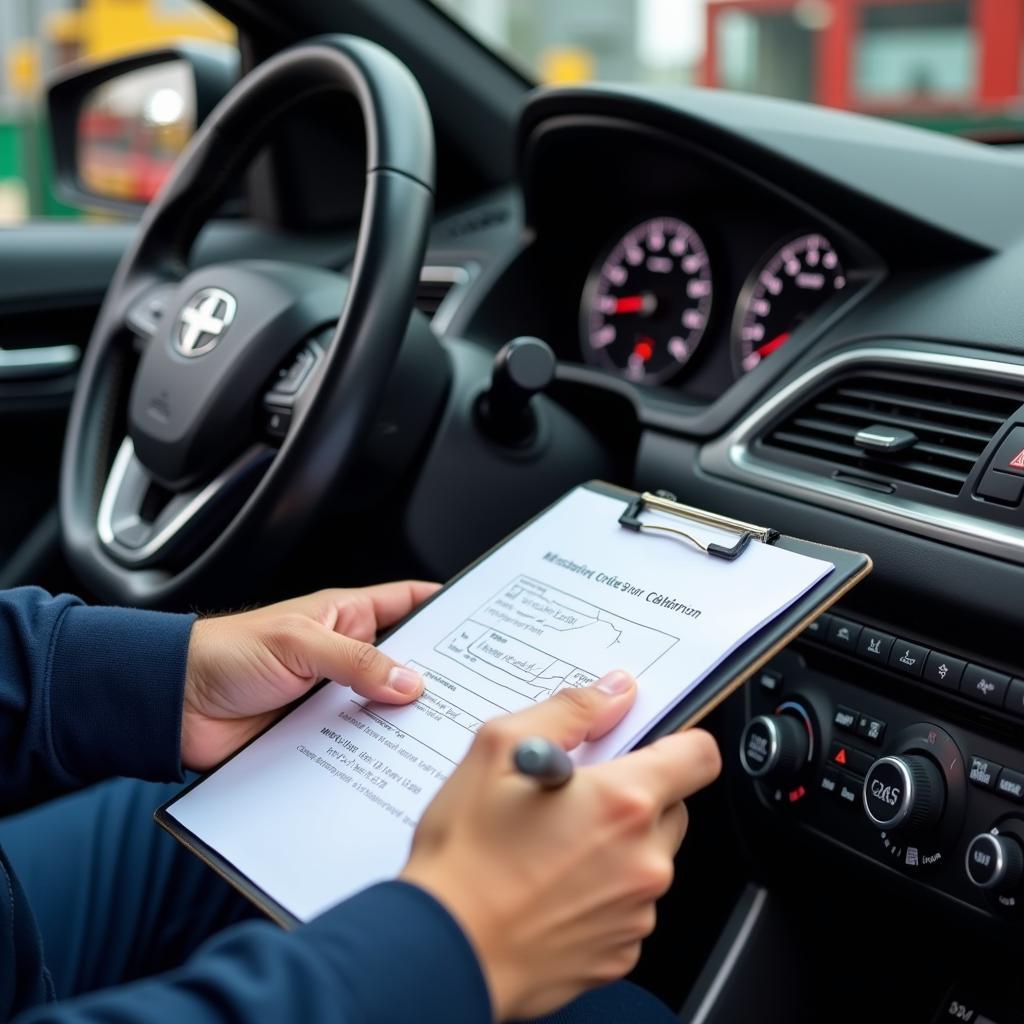 Mechanic Documenting Mileage Correction on a Car