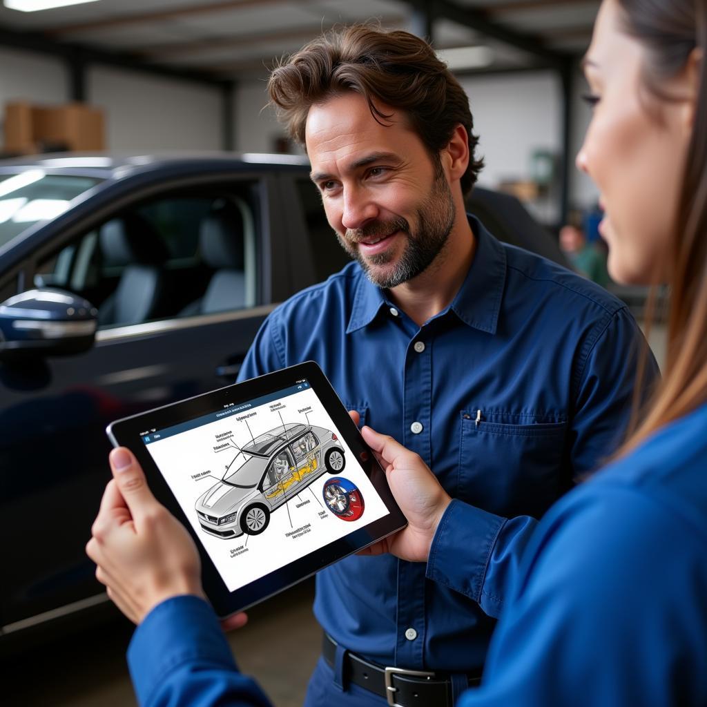 Mechanic Explaining Diagnostics with a Tablet