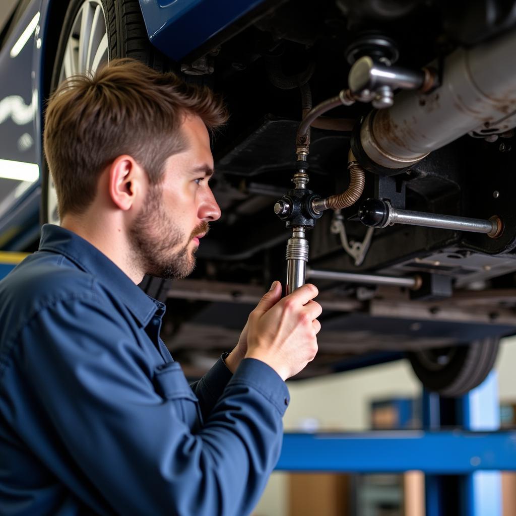 Mechanic Inspecting Car Lift for Safety