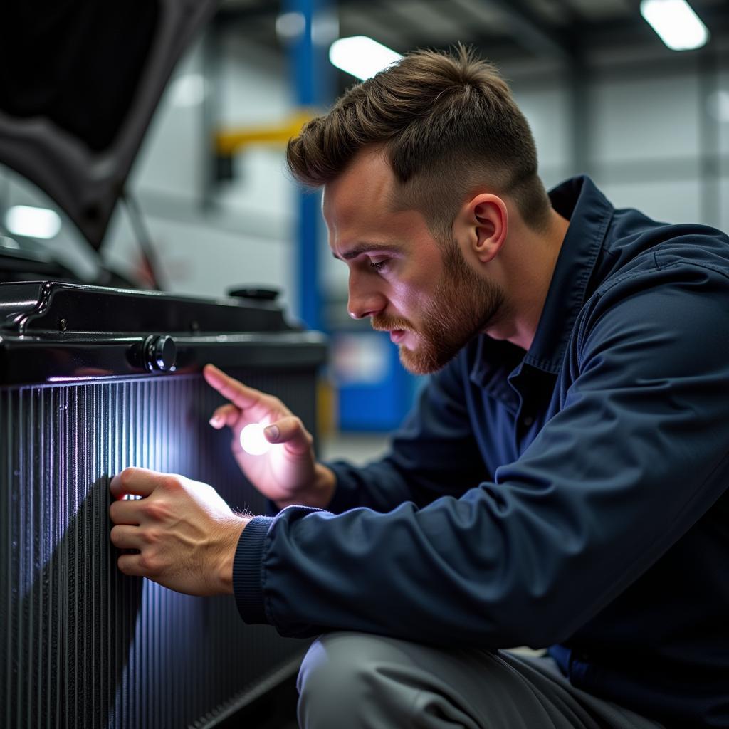 Mechanic inspecting a car radiator for damage and necessary repairs