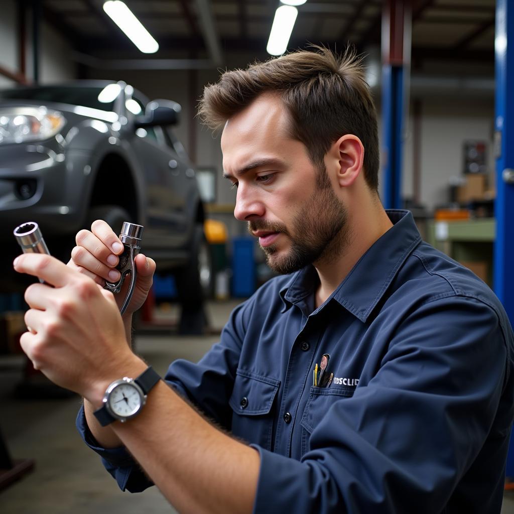 Mechanic carefully inspecting rental tools before starting a car repair.