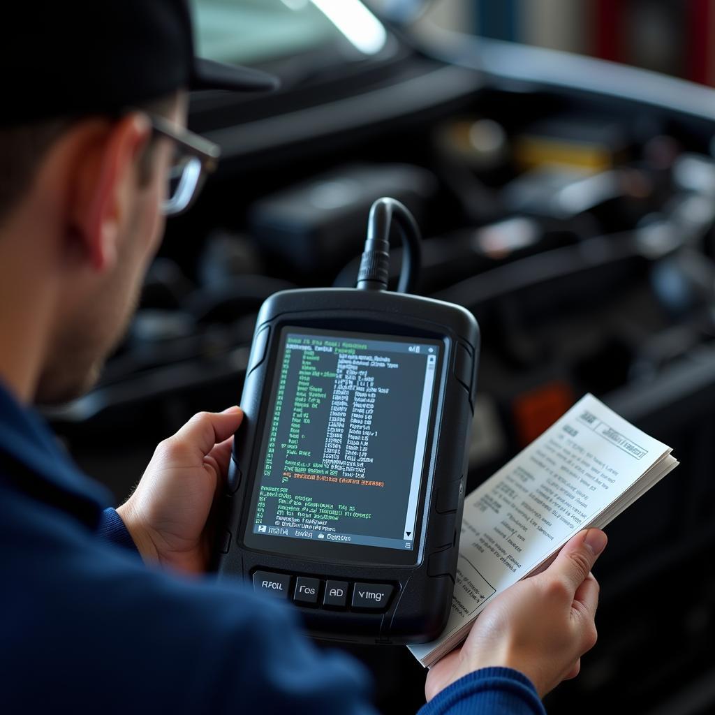 A mechanic is analyzing diagnostic trouble codes displayed on a scan tool.