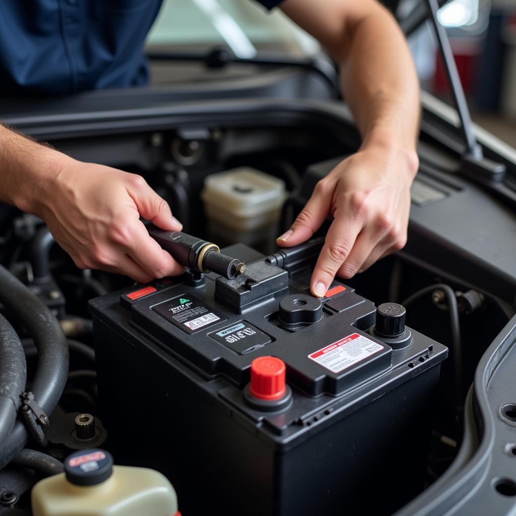 Mechanic Removing Car Battery with Proper Tools