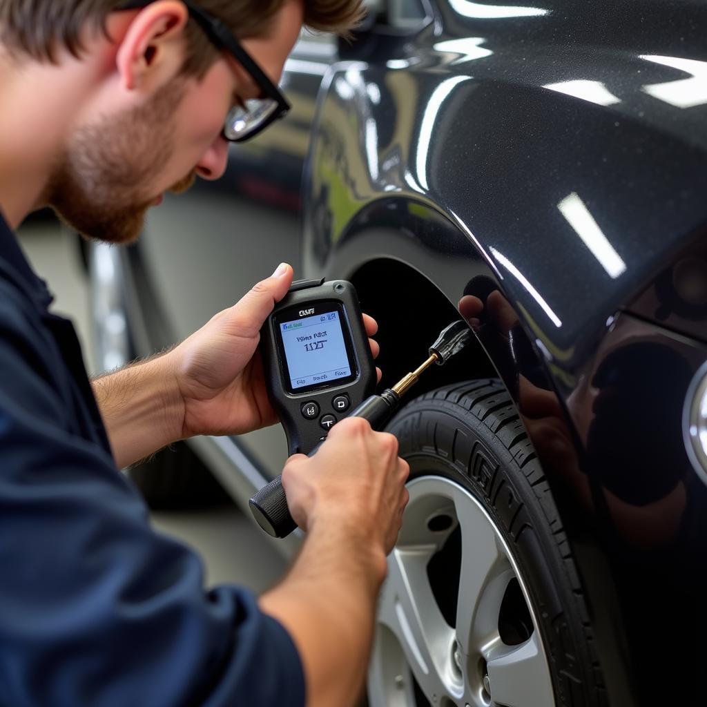 Mechanic removing stuck diagnostic tool from car