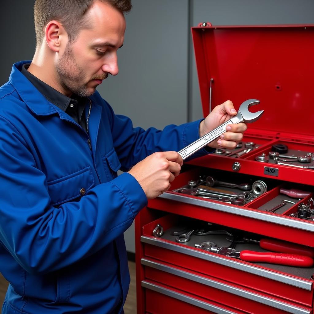 Mechanic Selecting Wrenches from a Toolbox