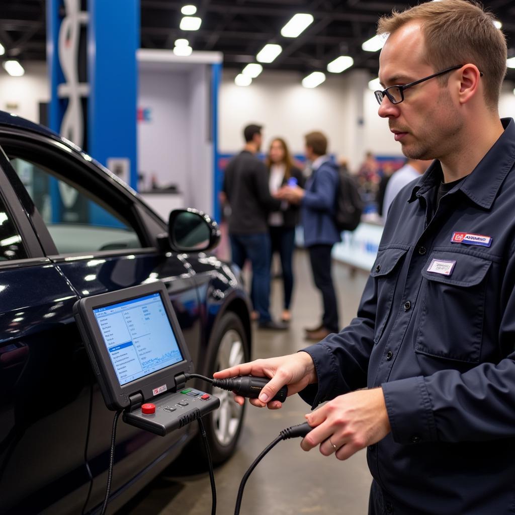 Mechanic Testing Diagnostic Tool at Midwest Car Tool Show