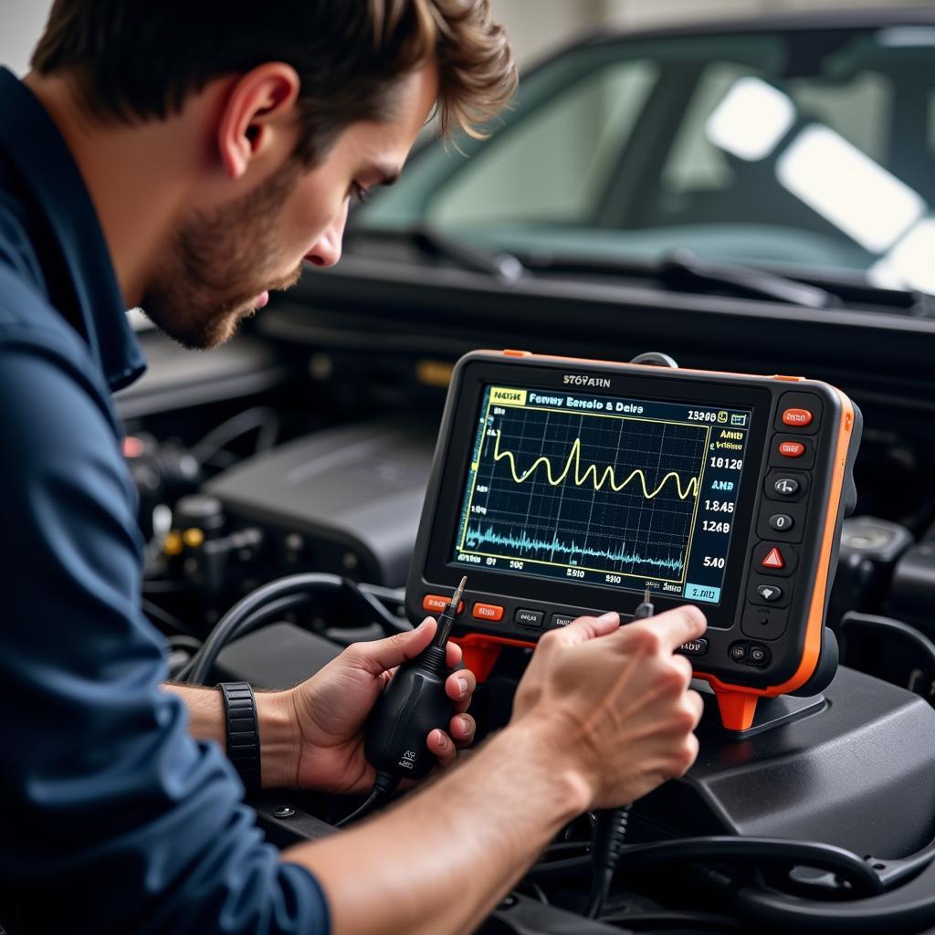 Mechanic Troubleshooting Car with 3-in-1 Scanner